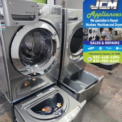 LG SET STEAM WASHER AND ELECTRIC DRYER STAINLESS STEEL WITH SIDEKICK PEDESTAL 