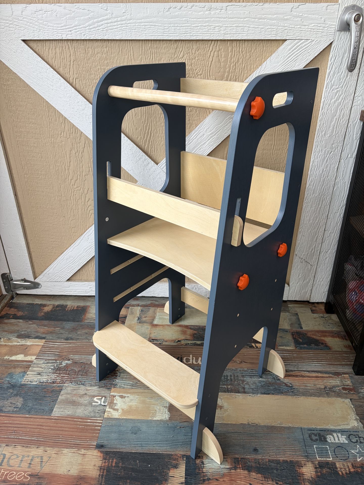 Step Stool, Wooden Montessori Toddler Tower with Safety Rail, Toddler Kitchen Helper for Learning, Height Adjustable Anti-Slip Feet for Bathroom Kitch