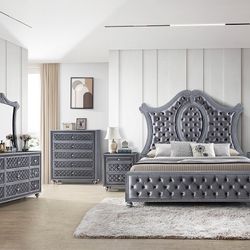 New Tufted 5 Piece Bedroom Set.  Grey.  Free Delivery!