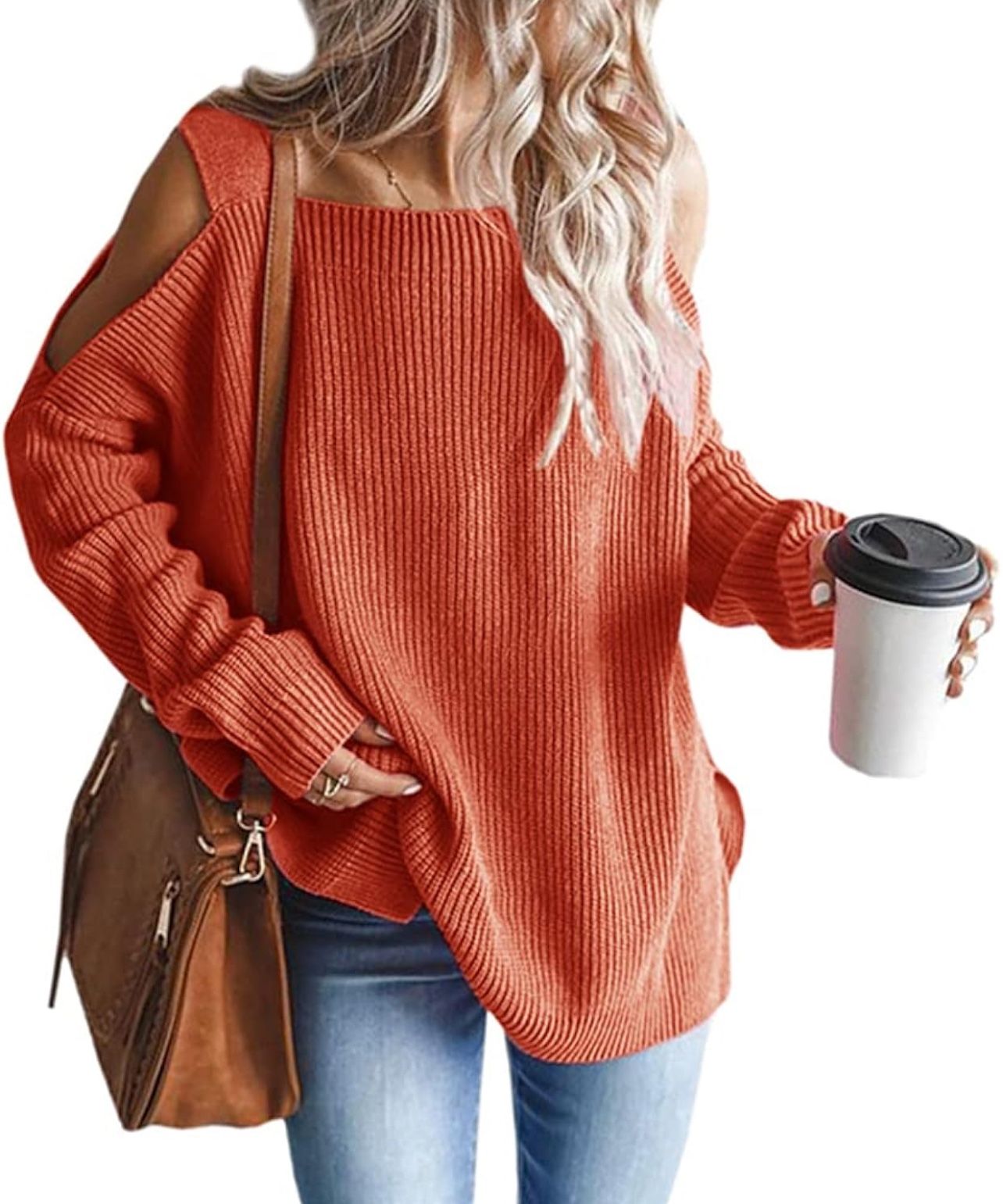 MaQiYa Women's Cold Shoulder Oversized Sweaters Batwing Long Sleeve Square Neck Chunky Knit Fall Tunic Sweater Tops Sz LG