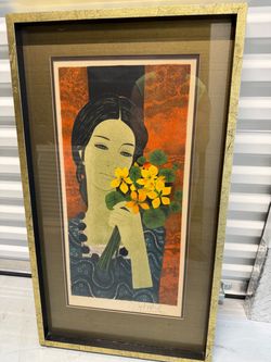 Vintage Mid-Century Richard Shepard "Girl Holding Flowers" Lithograph - 25.5" x 30"