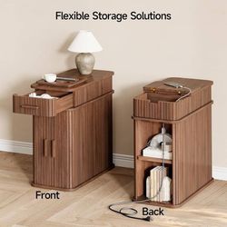 Set of 2pcs Fluted End Table with Charging Station, Narrow Side Table with Drawe