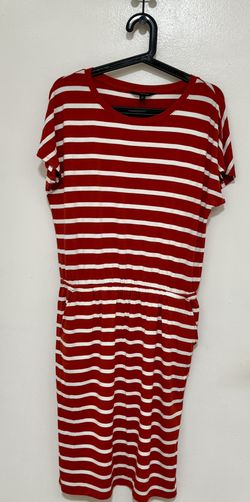Banana Republic (Medium) - Orange White Stripe Midi Dress Elastic Waist Side Pockets