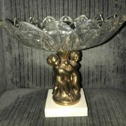 Vintage Glass Compote Candy Dish On Pedestal Cherubs with Tree Marble Base 8” High 10” Round