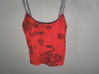 Red Dragon Print Tank Top with Chain Straps - Women Small