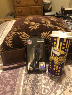 Minnesota Vikings leather wallet earphones cup and Dominos