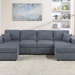 New Dark Gray Corduroy Double Chaise Sectional Sofa Couch 