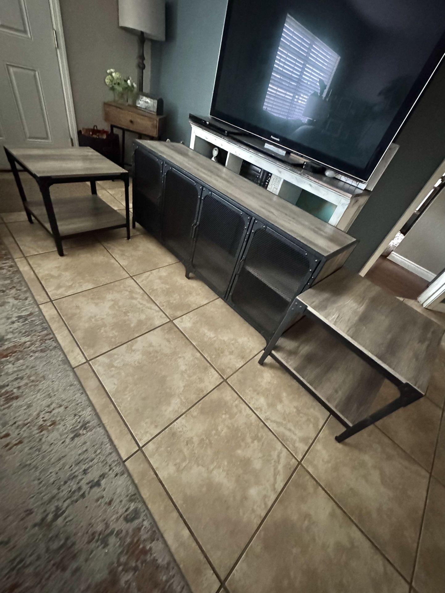 Industrial Style Tv Console Table Storage With Matching End Tables