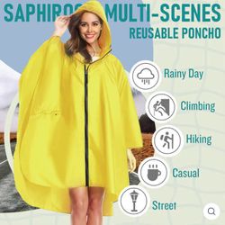 Rain Poncho Jacket Coat Hooded Zipper Style for Women Men Adult with Pockets Bag