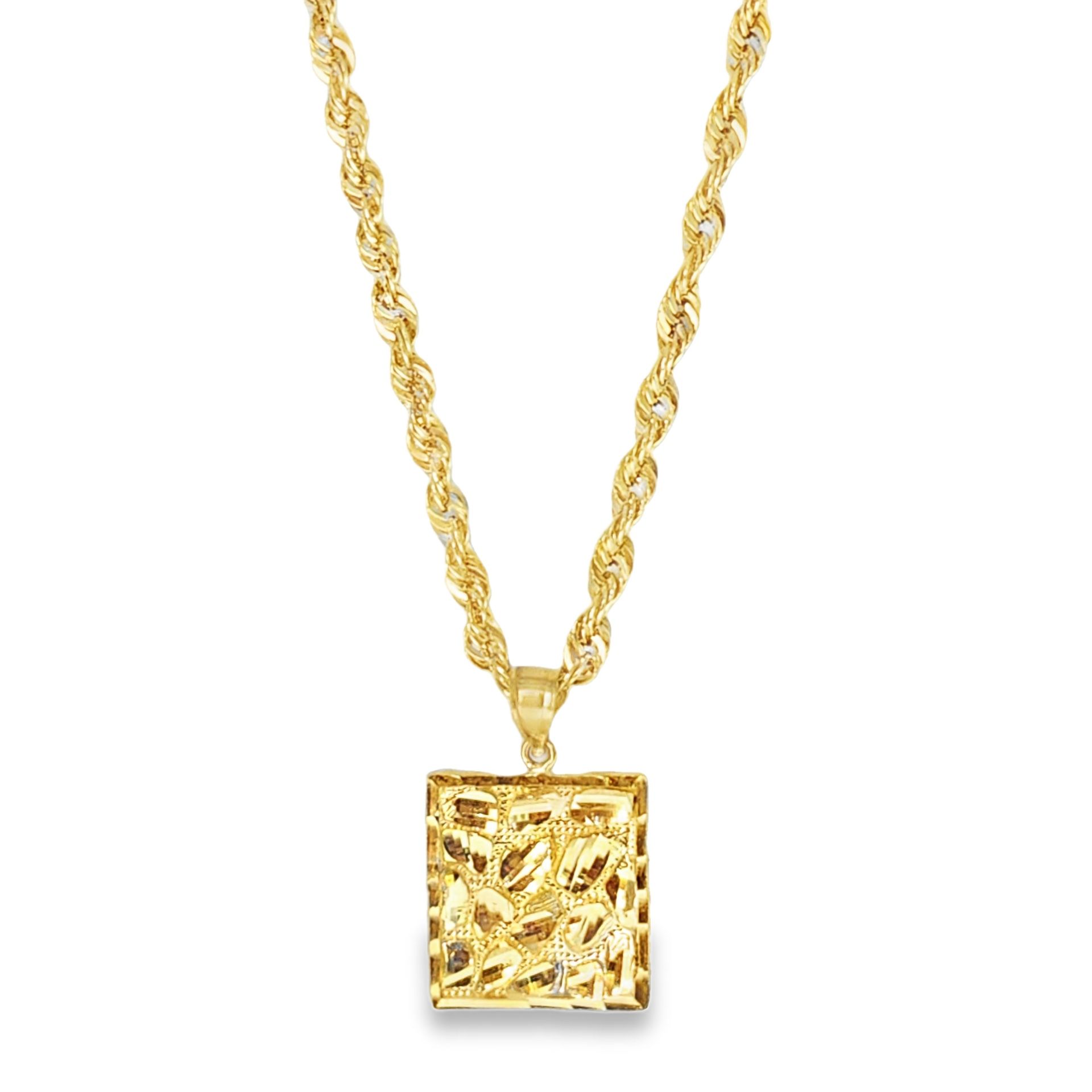 Textured Yellow Gold Pendant Chain Necklace