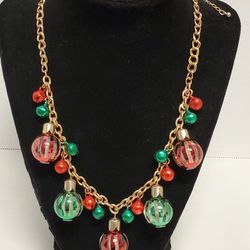Goldtone Christmas Necklace With Glass Like Ornaments. 