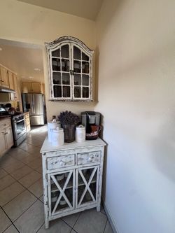 Distressed White Farmhouse Cabinet with Glass Doors