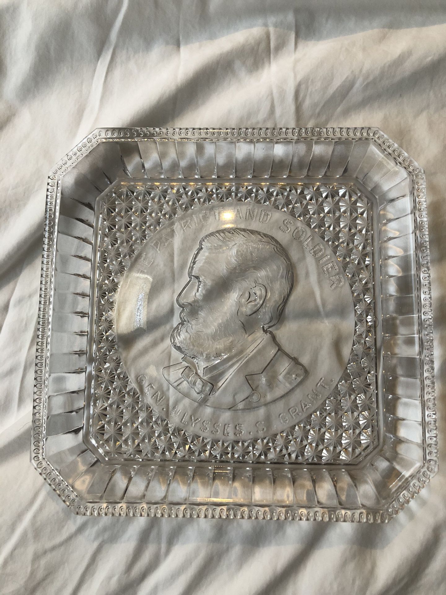 Antique EAPG "The Patriot and Soldier" Ulysses S. Grant Square Clear Glass Plate