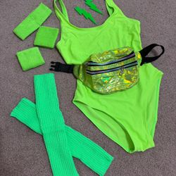 New Medium  Neon Green 80s Costume Outfit Accessories Fanny pack Festival Rave Bodysuit Workout Swimsuit One Piece 