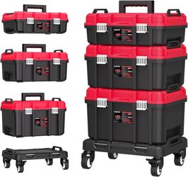 3-in-1 Stackable Rolling Tool Box with Wheels, Modular Tool Organizer Waterproof Portable Tool Box,Upper Partition Tray,Secure Lock,360° Lockable Whee