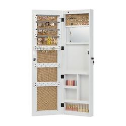 Solid Wood Jewelry Armoire Organizer Cabinet with Full-Length Mirror, 47.5x14.3 in Wall-Mounted Lockable with LED Light