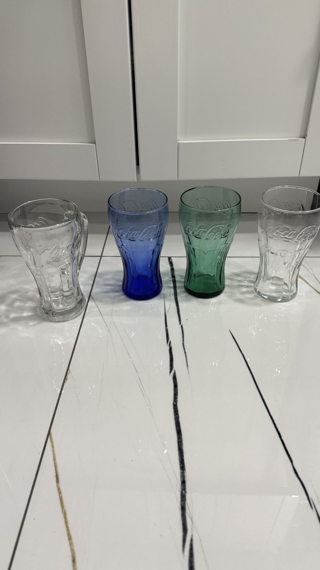4 Coca Cola Vintage Glass Collectible Cups, Sapphire Blue, Green and Clear