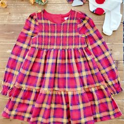 SIZE 8 GIRLS 3-PIECE SET RED/YELLOW/NAVY PLAID FLANNEL SMOCKED LONG-SLEEVE SWING DRESS W/STOCKING & BOW