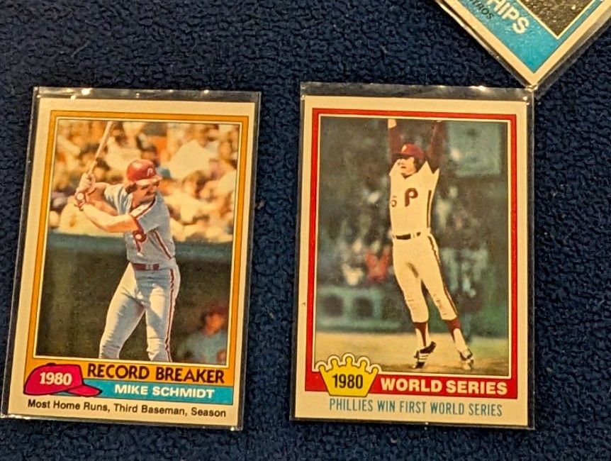 Philadelphia Phillies Card Collection (1)-63 Cards; 1981-5 World Series Cards NM; 1981 Mike Schmidt NM; Hoskins/Suarez/Bohm(M-Gem Mint) RC's