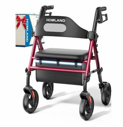 HOMLAND Foldable Rollator Walker for Seniors with Seat, 16" Extra-Wide Seat 8" All-Terrain Wheels, 1.6" Thick Padded Seat, Dual Adjustable Heights, To