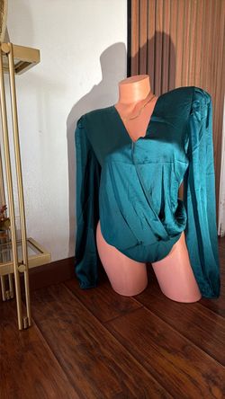 Green  Satin Long Sleeve Bodysuit L