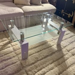 Modern White Glass, Top Coffee Table With Shelf And White Metal Base