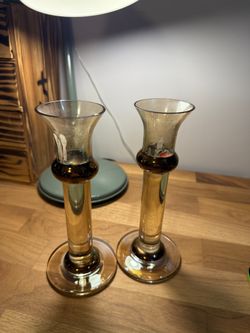 Krosno Poland Amber Glass Candleholders Pair – Tall Flared Candle Cups