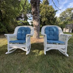 $100  FOR BOTH!! WHITE WICKER ROCKING CHAIRS W/ CUSHIONS 