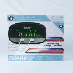 SHARP - 2/2 AMP USB CHARGE LED ALARM CLOCK BLACK