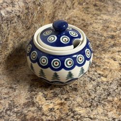 Vintage Boleslawiec Polish Pottery Sugar Bowl with Lid