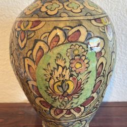 Antique Persian Qajar-Style Hand-Painted Bird & Floral Vase 