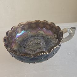 Vintage Imperial Carnival Glass Pansy Iridescent Purple Blue Handled Quilted  Nappy Bowl 
