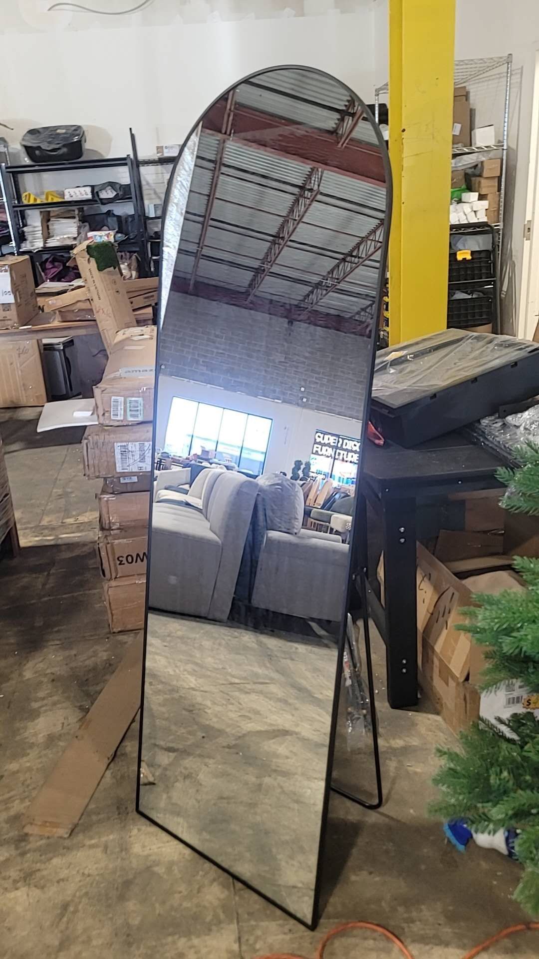 21 in. W x 64 in. H Aluminium Alloy Frame Black Arched Floor Mirror with Floor Stand and Wall Mounted Hooks $70