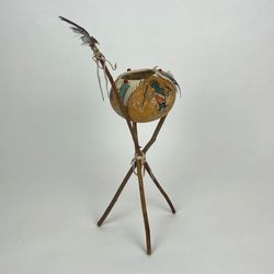 Native American Signed Art Gourd Bowl with Twig Tripod Stand