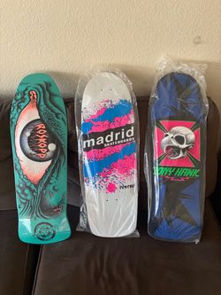 New old school re issues, skateboards, Santa Cruz Roskopp, Madrid,Tony Hawk, old school, skateboards