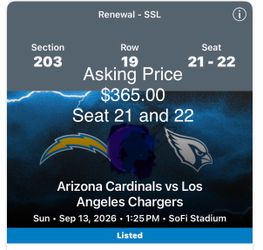 NFL Tickets Cardinals vs Chargers 2026
