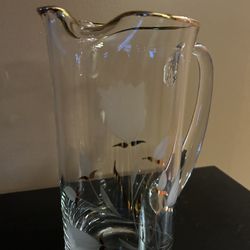 Mid Century Glass Pitcher With Frosted Flowers/ Gold Trim. 