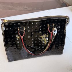 ARCADIA ITALY ~ BOLSO/CARTERA DE PIEL NEGRA AUTÉNTICA CHAROL CON RIBETE DE PITÓN, EXPANDIBLE