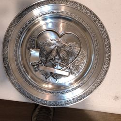 Antique Etain Jean Tin Pewter Wall Hanging Plate 3d Birds Heart 