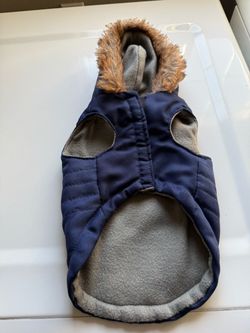 Navy blue dog jacket with hood. S/m