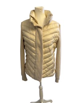 Calvin Klein Cream Quilted Puffer Jacket with Knit Sleeves, Size L