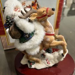 Vintage 1992 Christmas Santa Claus Riding A Reindeer With Resin On Fabric 