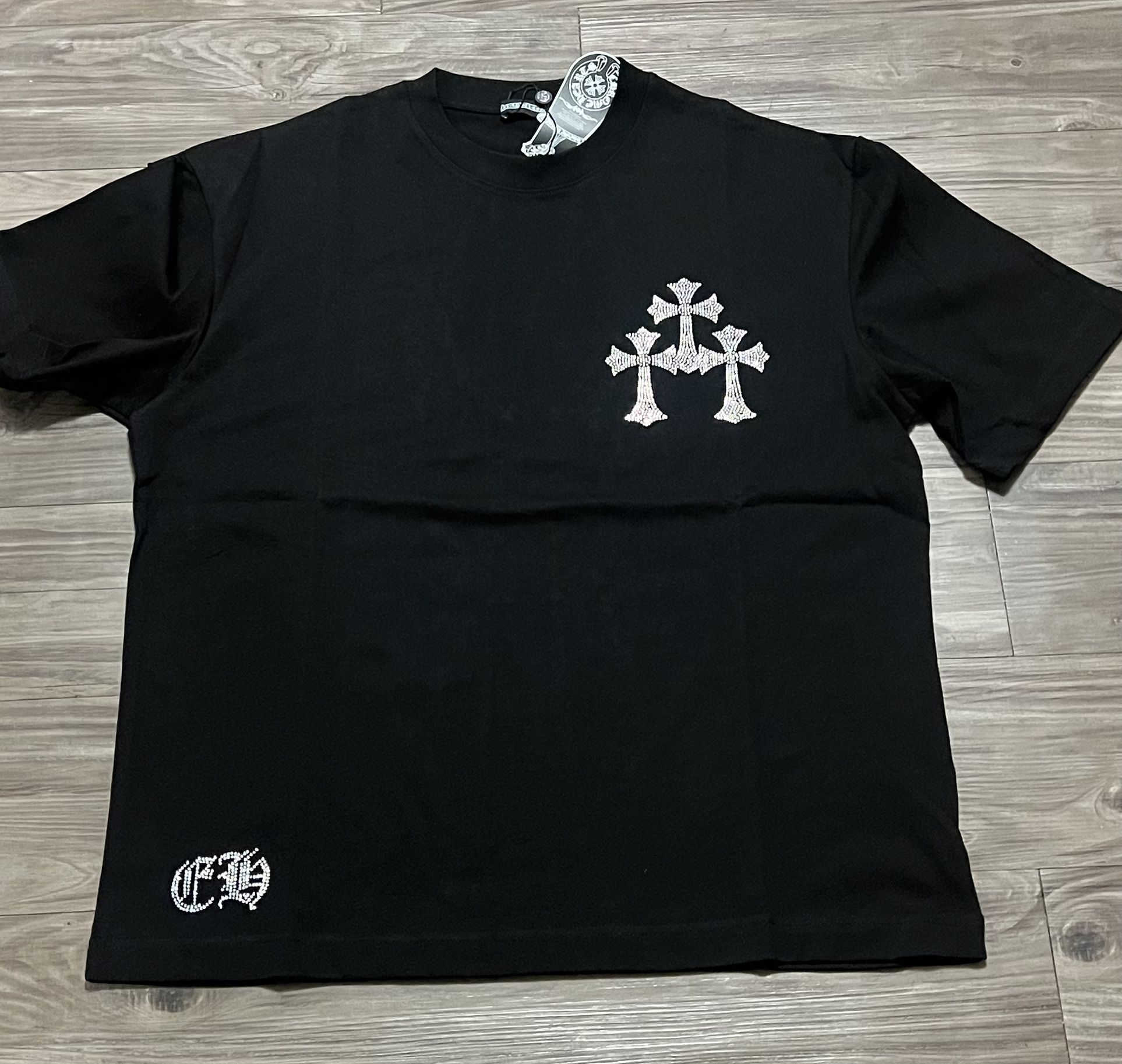 Men Chrome Heart T-Shirt Black Iced Out Cross