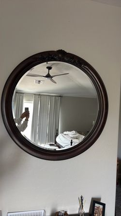 Round Wall Mirror Dark Wood Carved Frame