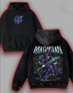 Men's Water-Wash Hoodie Featuring a Dark Magician Anime Design, Retro Comic Streetwear