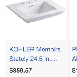 Sink Kohler Memoirs Stately 24-1/2" Fireclay Pedestal Sink with Overflow and 3 Faucet Holes at 8" Centers