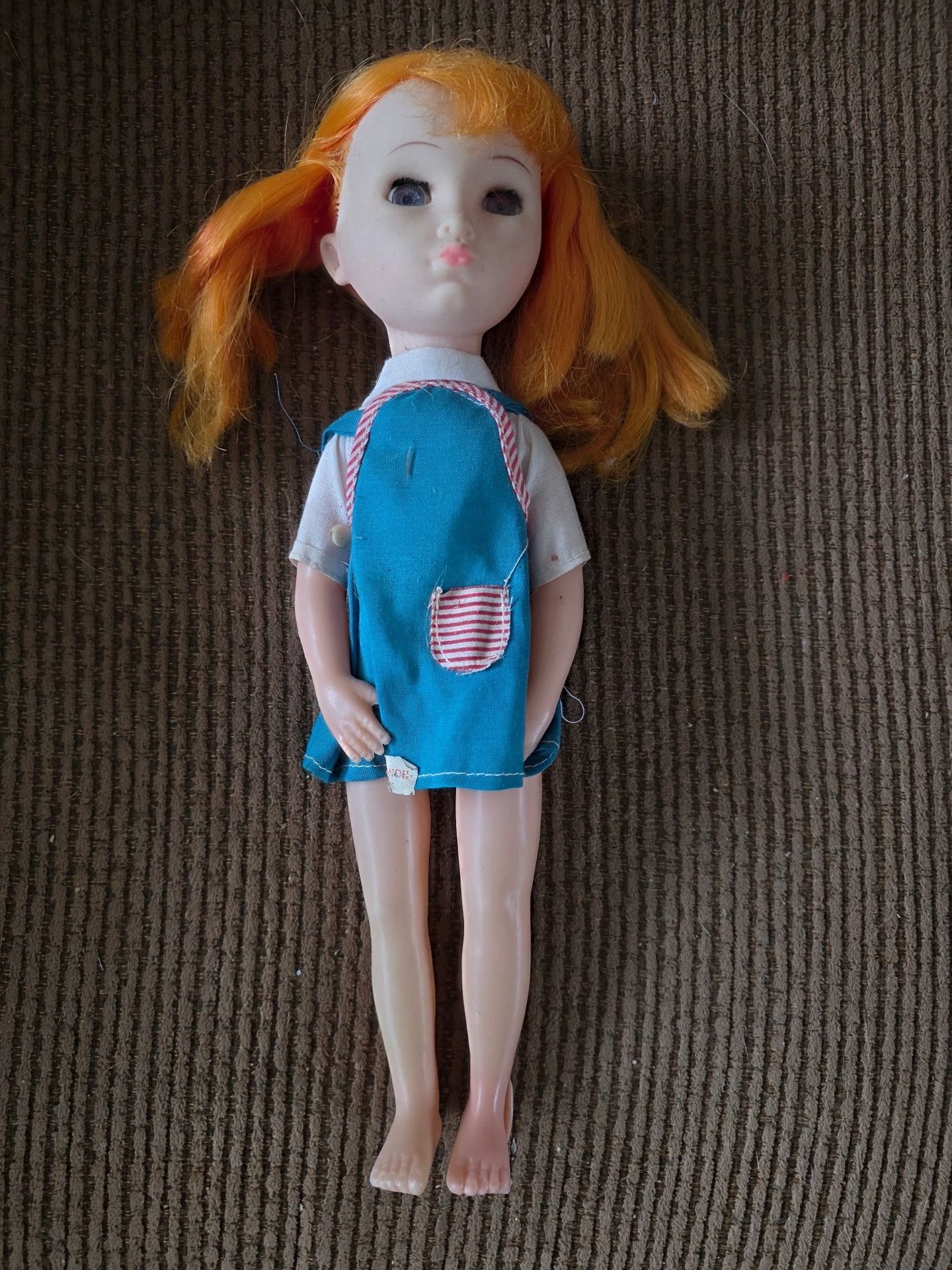 Vintage 1970s Vinyl Doll Bright Orange Pigtails Blue Dress