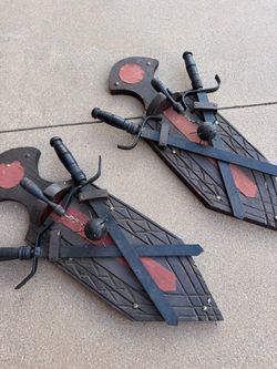 Handcrafted Medieval Defense Shield & Weapons Wall Sconce Pair (18" x 10") Decor