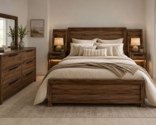 NEW BOHO/Rustic 5-piece solid wood Queen bedroom set