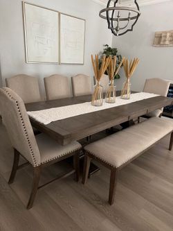 Bench Seating Extendable Dining Table, (living spaces), 6 chairs + bench.